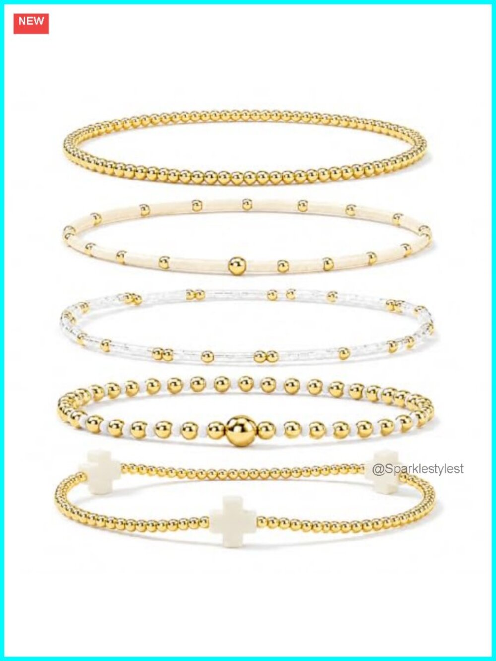 Gold Beaded Cross Bracelet Set, Non Tarnish, Stackable, Stretch, 5-Piece